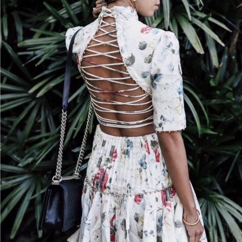 Zimmermann Mischief Cream Floral Pintuck Mini Dress w/Pink Roses Corset Back - Picture 9 of 12